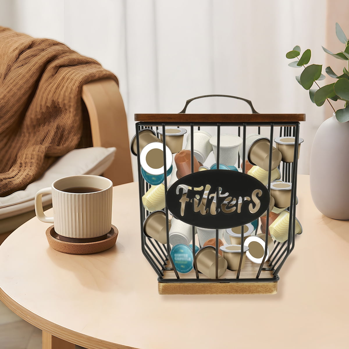 Txkrhwa K Cup Holder, Coffee Pod Holder Filters, Large Capacity Coffee Pod Filter Holder With Lid, Pod Organizer Filter Baskets with Durable Metal Wire & Wood Base