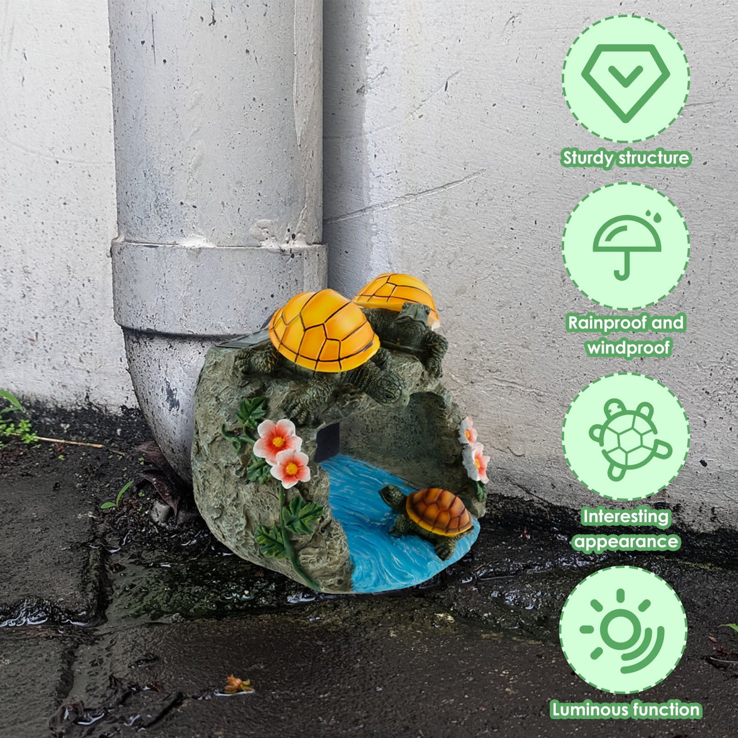 Turtle Gutter Downspout Extension Decoration Resin Solar Downspout Extension Statue Weatherproof Decorative Gutter Downspout Splash Block with Light for Garden Yard Patio