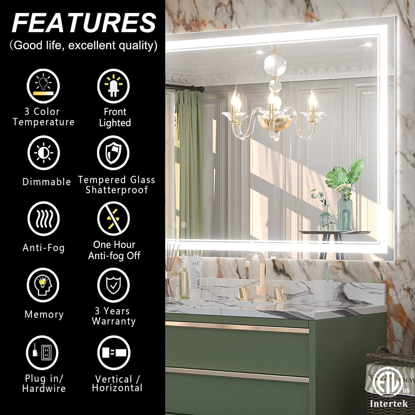 Apmir Frameless Frontlit LED Anti-fog Bathroom Vanity Mirror 32x24 inch