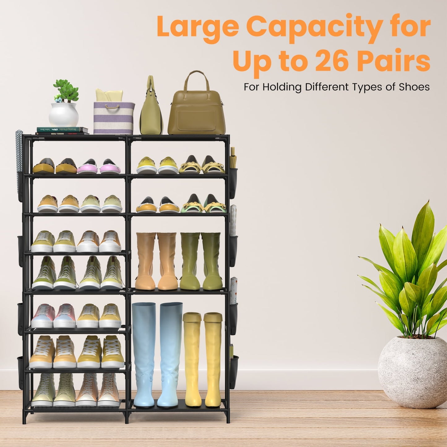 VAVSEA Shoe Rack, 8 Tier Large Shoe Organizer with 2 Side Pockets, Metal 22-26 Pairs Tall Shoe Storage Shelf, Shoe & Boots Cabinet for Closet Entryway Bedroom, Black