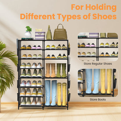 VAVSEA Shoe Rack, 8 Tier Large Shoe Organizer with 2 Side Pockets, Metal 22-26 Pairs Tall Shoe Storage Shelf, Shoe & Boots Cabinet for Closet Entryway Bedroom, Black