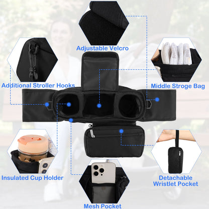 FVLOENG Stroller Organizer Insulated Cup Holder Detachable Phone Bag and Shoulder Strap Baby Jogger Caddy Accessories, Universal Fits for All Stroller
