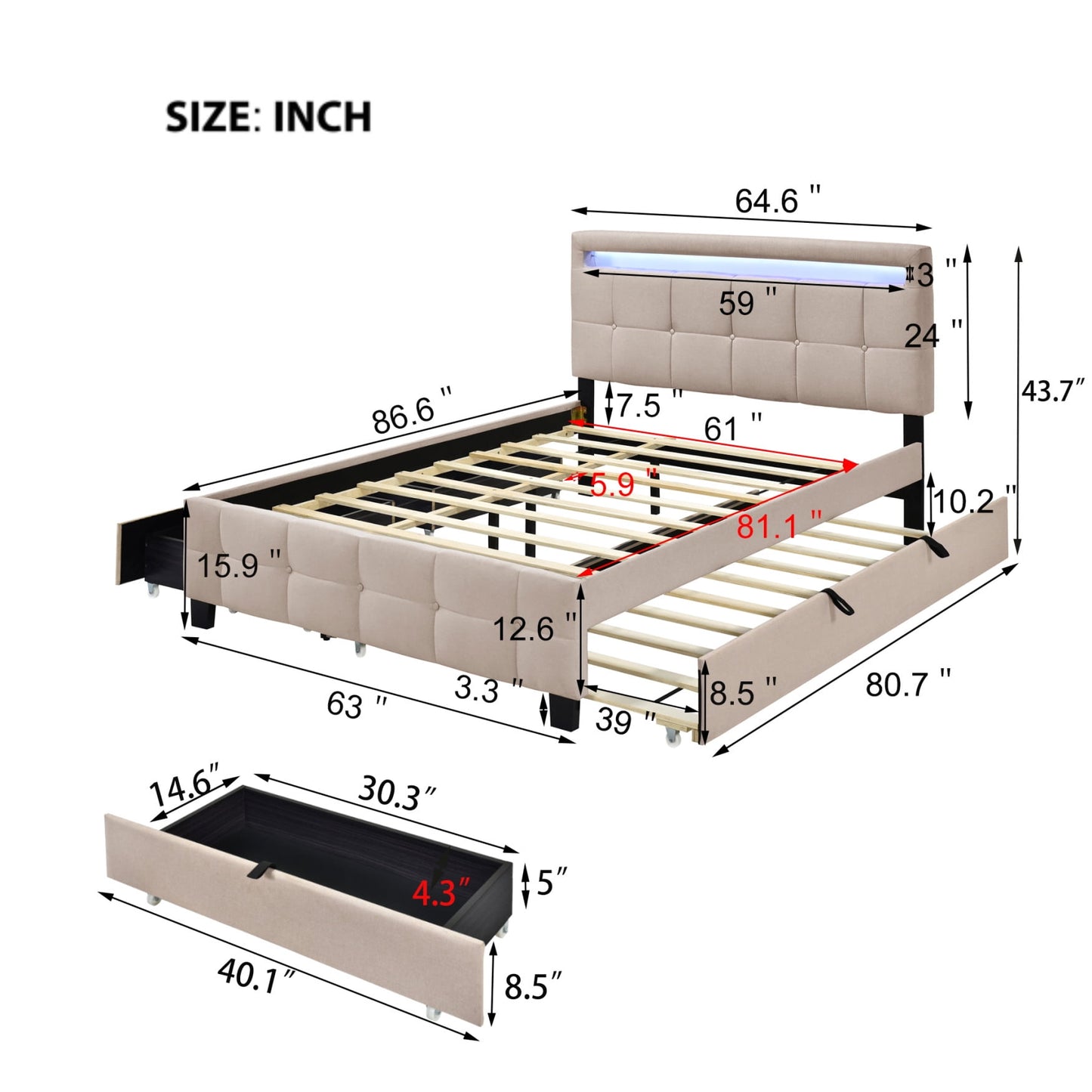Queen Size Platform Bed, Modern Upholstered Bed Frame with LED Frame, Twin Size Trundle and 2 Drawers, Multifunction Linen Fabric Storage Bed, No Box Spring Needed, Beige