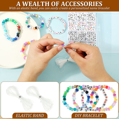 Evjurcn 1977Pcs Pony Beads Kit, 64 Colors 9mm Kandi Beads Set Plastic Pony Beads Bulk with 375pcs Letter Beads Elastic String DIY Bracelets Jewelry Beads for Bracelets Necklace