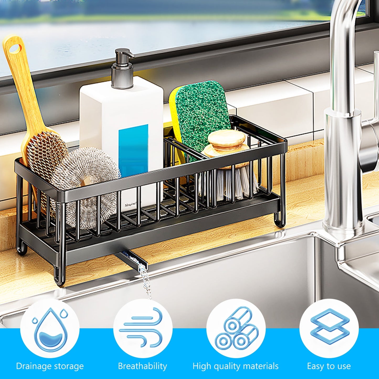 Dznils Kitchen Sink Caddy Organizer Sponge Holder Dish Brush Soap Dispenser Holder for Countertop