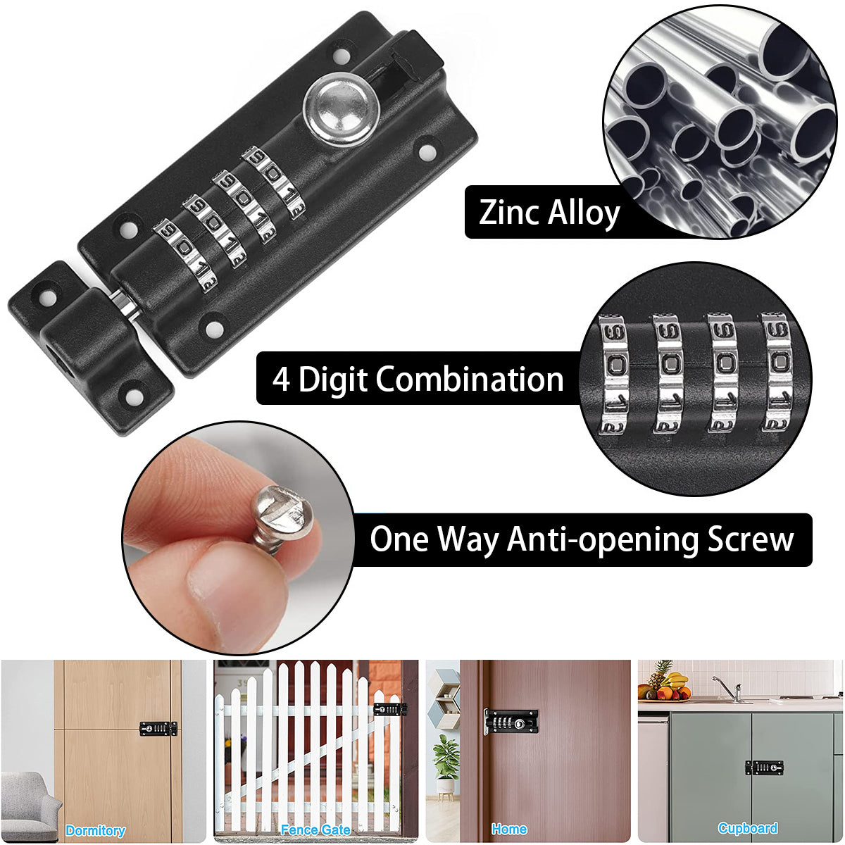 Tcwhniev Combination Bolt Lock Stainless Steel 4 Digit Pin Code Door Combination Slide Latch Lock with Screwdriver Keyless Door Security Locking Bolt for Home Gate Shed Fence Garage
