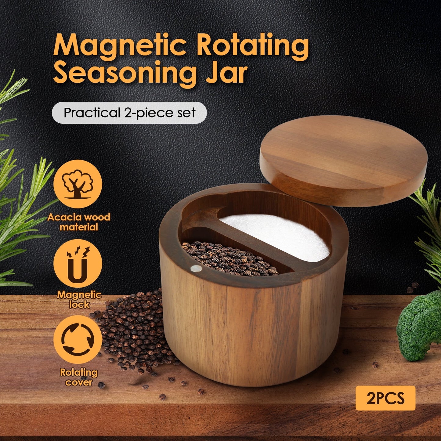 Txkrhwa 2 Compartments Acacia Wood Salt Bowl, Round Salt Cellar with Built in Spoon and Magnetic Swivel Lid, Kitchen Salt Holder for Storing Salt Pepper Sugar Spice