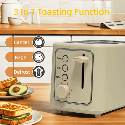 VAVSEA 2 Slice Toaster, 1000W Retro Wide Slot Toaster with 6 Shade Settings & LED Light for Bagels, Waffles, Toast, Bread, Removable Crumb Tray, Breakfast Helper, Beige