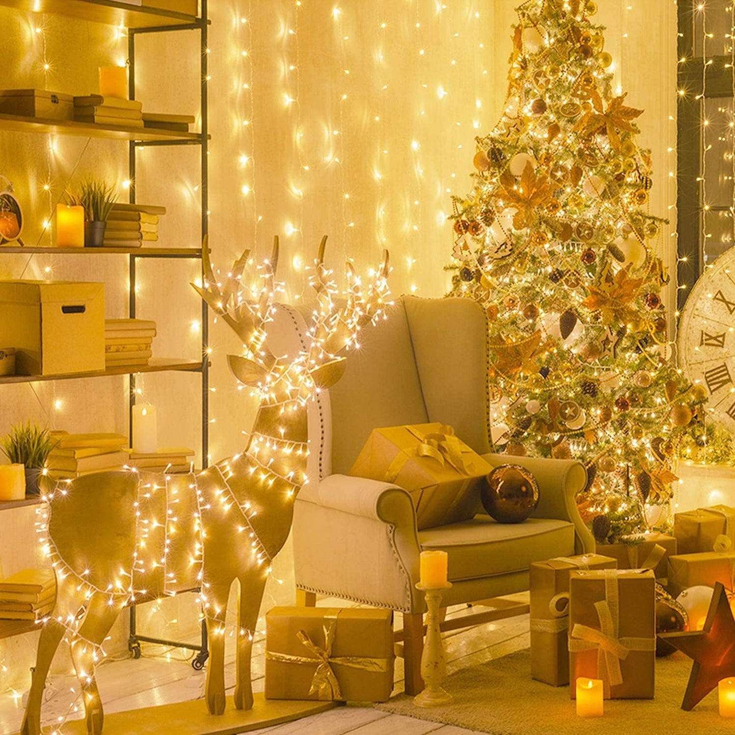 Zizin 98ft 300 LED Star Christmas String Lights 8 Modes for Outdoor Indoor Xmas Party Yellow