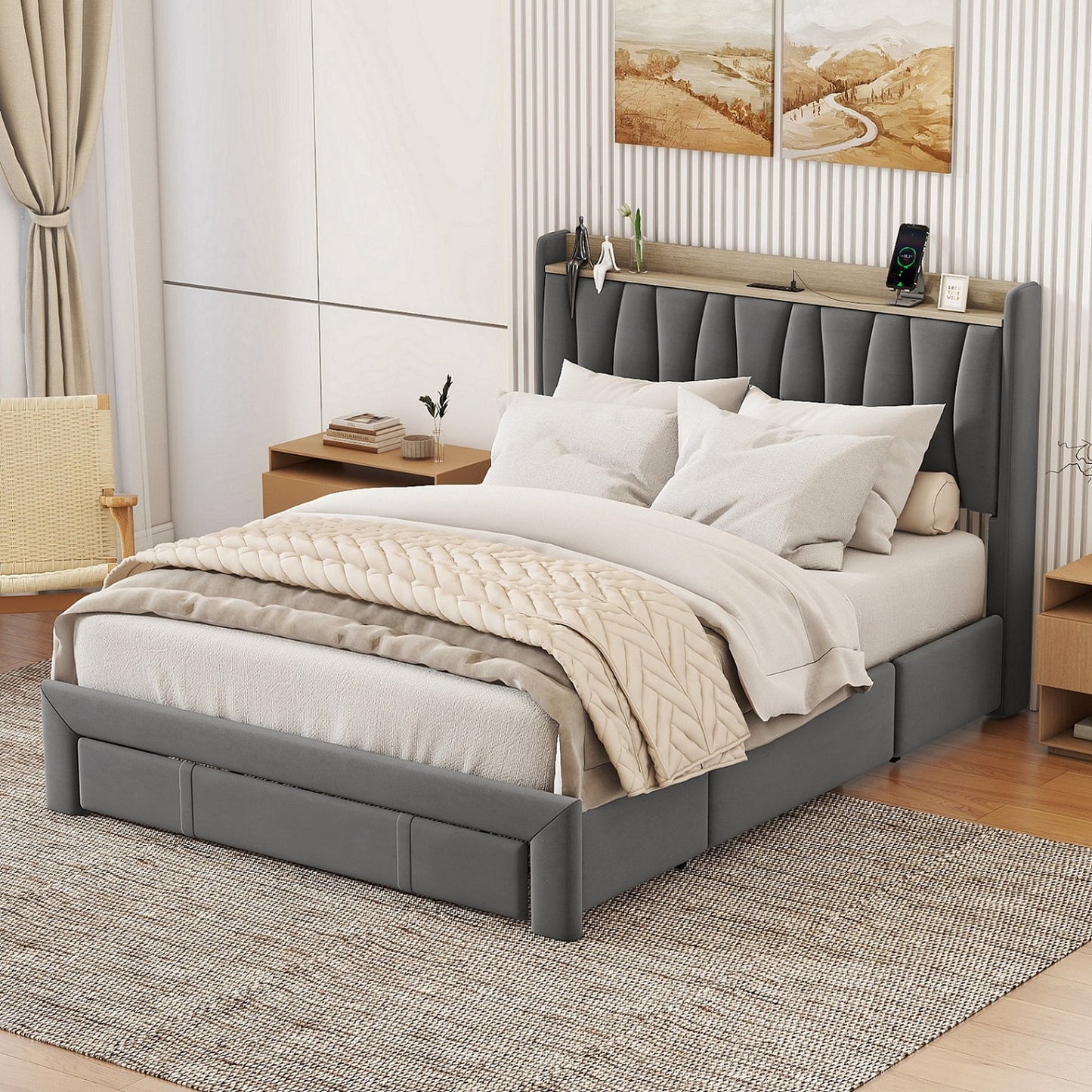 Triple Tree Queen Size Bed Frame with 3 Steel Drawers, Velvet Upholstered Platform Bed with Storage Headboard and Charging Station, No Box Spring Needed, Dark Gray