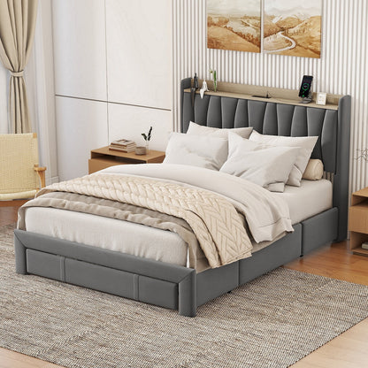 Triple Tree Queen Size Bed Frame with 3 Steel Drawers, Velvet Upholstered Platform Bed with Storage Headboard and Charging Station, No Box Spring Needed, Dark Gray