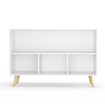 Toy Storage Organizer with Book Shelf for Boys Girls, Children Toy Storage with 3 Collapsible Fabric Drawers, 35''L Wooden Storage Chest for Bedroom Playroom Living Room, White/Gray