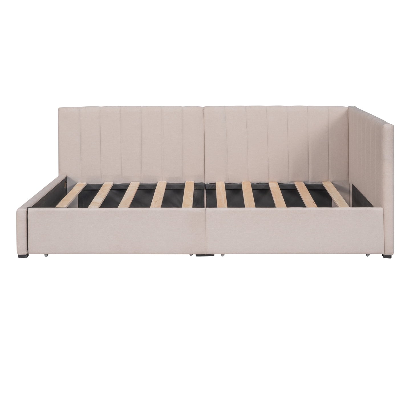 Upholstered Daybed with 2 Storage Drawers, Twin Size Sofa Bed Frame with 10 Wood Slats Support, Solid Wood Platform Bed Frame for Bedroom Living Room, No Box Spring Needed, Linen Fabric (Beige)