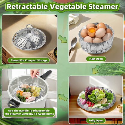 Vegetable Steamer Basket for Instant Pot Accessories Stainless Steel Steamer for Food with Vegetable Peeler Folding Expandable Steamers to Fit Various Size Pot with Safety Tool for Kitchen Tools