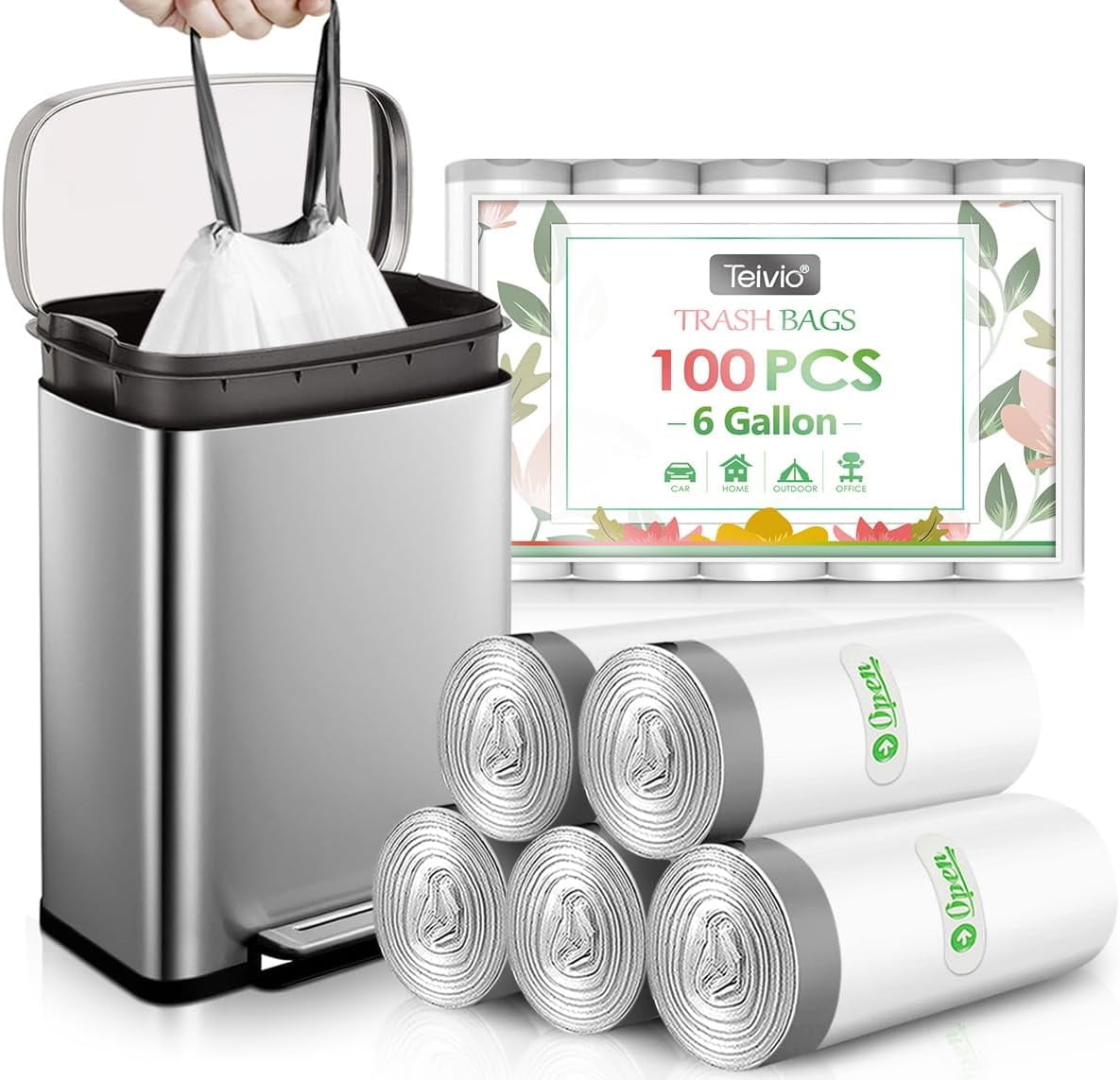 6 Gallon 100pcs Strong Drawstring Trash Bags Garbage Bags by Teivio, Bathroom Trash Can Bin Liners, Plastic Bags for home office kitchen, White