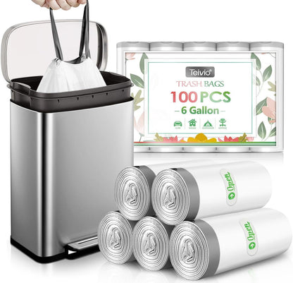 6 Gallon 100pcs Strong Drawstring Trash Bags Garbage Bags by Teivio, Bathroom Trash Can Bin Liners, Plastic Bags for home office kitchen, White