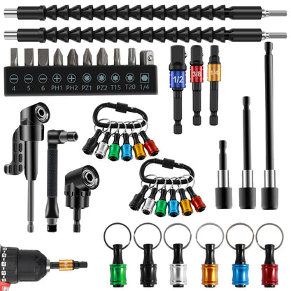 FUYGRCJ 33Pcs 1/4 Inch Hex Shank Screwdriver Bit Holder Metal Bit Holder Keychain Flexible Drill Bit Extension Kit with 105° Right Angle Drill Extension 1/4inch 3/8inch 1/2inch Socket Adapter