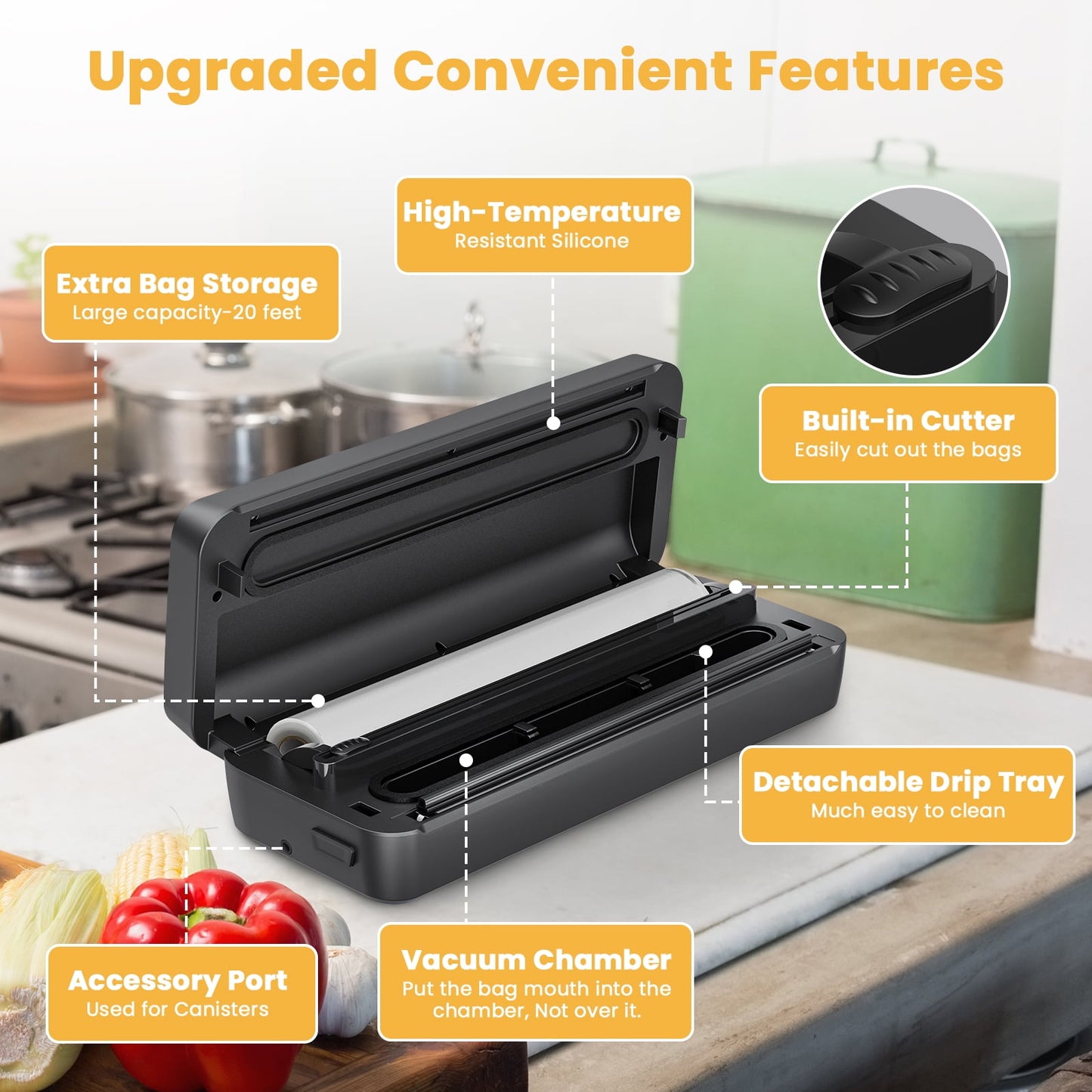 VAVSEA 85Kpa Vacuum Sealer Machine with Built-in Cutter, 8-in-1 Food Vacuum Sealer with Bag Roll Storage Space and 10 Bags & 1 Bag Roll for Sous Vide and Food Storage