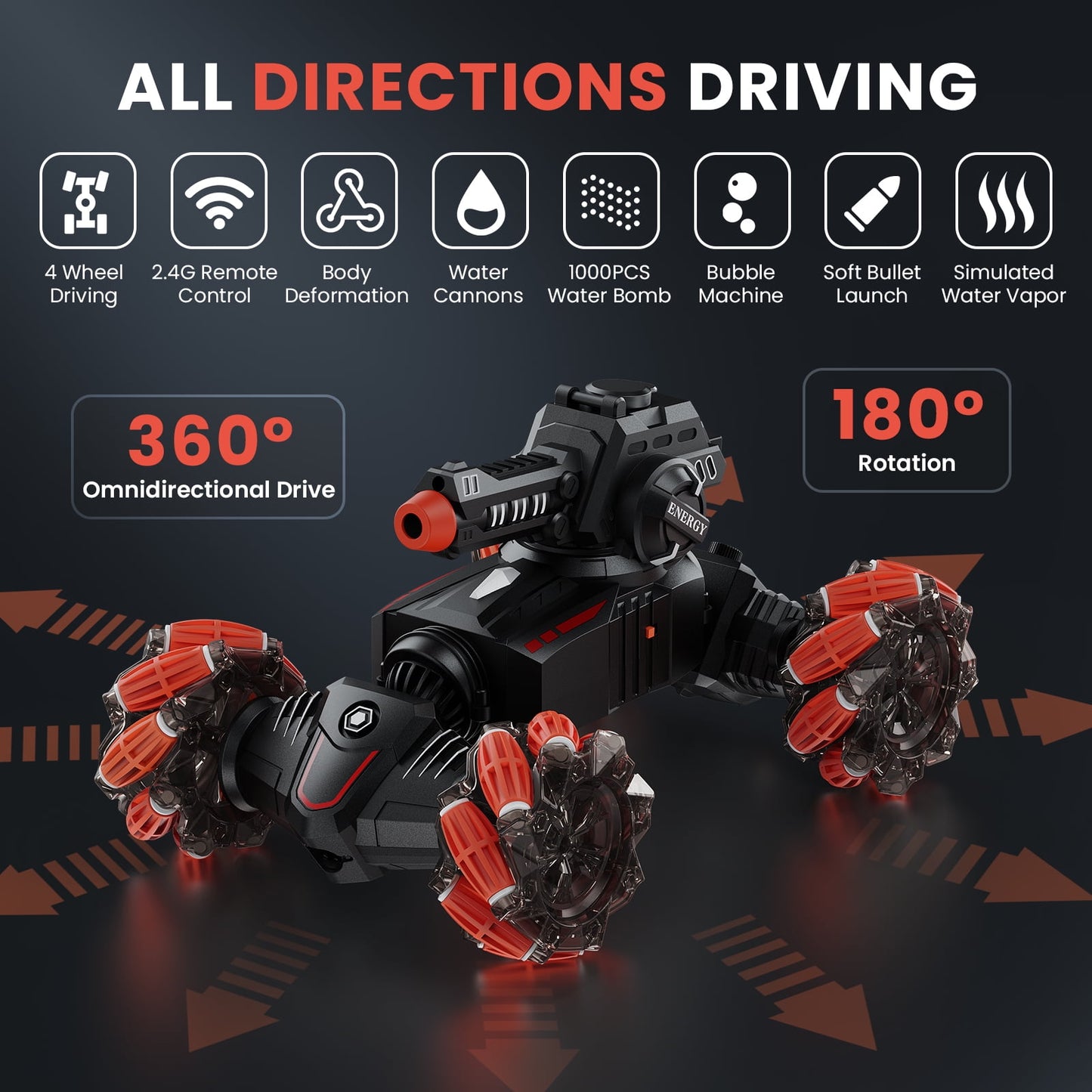AUOSHI RC Tank Car 4 Heads That Shoot RC Car 1:14 4WD Battle Stunt Car with 360°Rotating with Light Music Soft Bullets Battle Tanks Toys for Boys and Girls