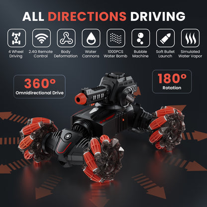 AUOSHI RC Tank Car 4 Heads That Shoot RC Car 1:14 4WD Battle Stunt Car with 360°Rotating with Light Music Soft Bullets Battle Tanks Toys for Boys and Girls