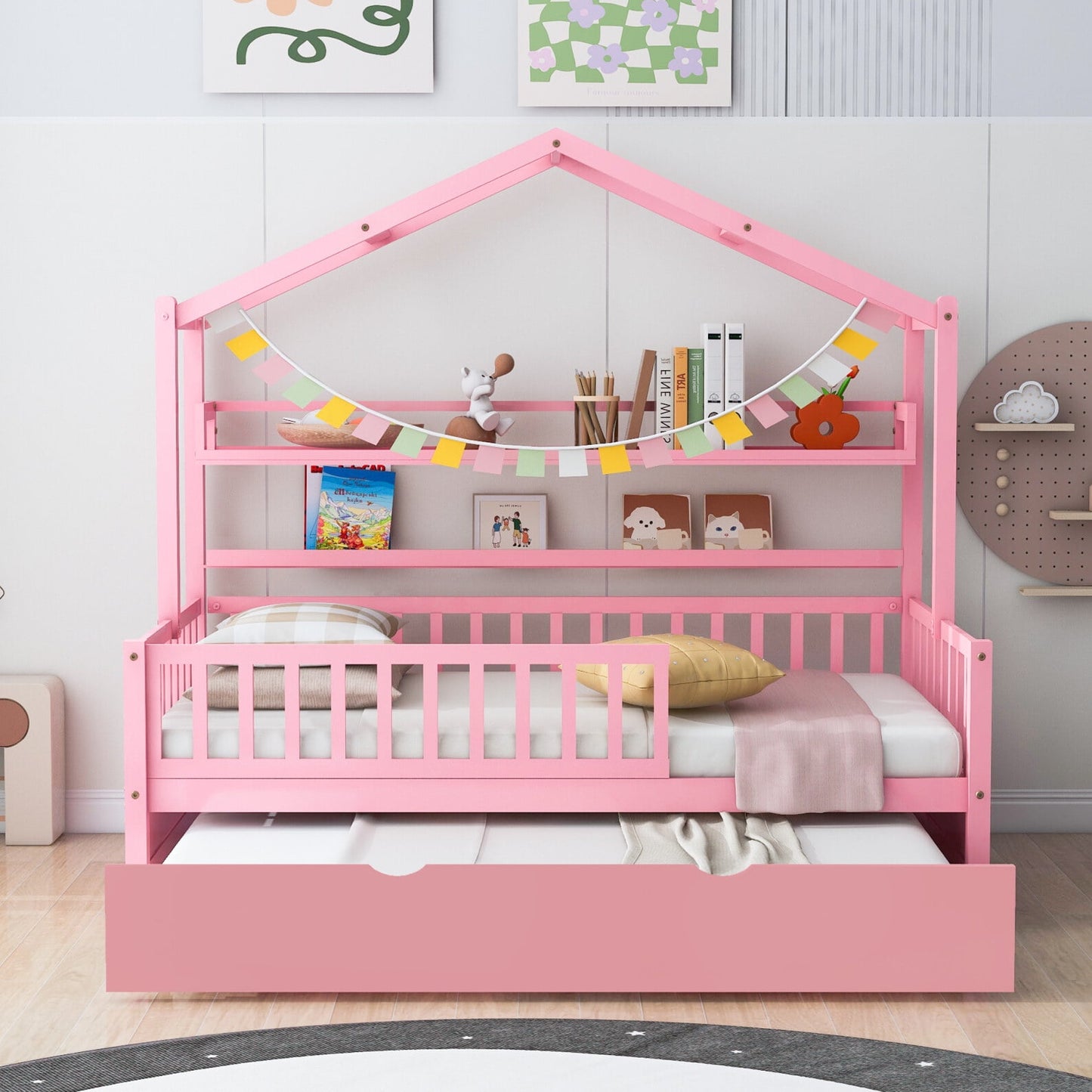 Modern Twin House Bed with Roof and Trundle, Wooden Kids Bed Frame with Storage Shelf, Cute Playhouse Bed with Fence Guardrails for Kids, Teens, Boys, Girls, Pink