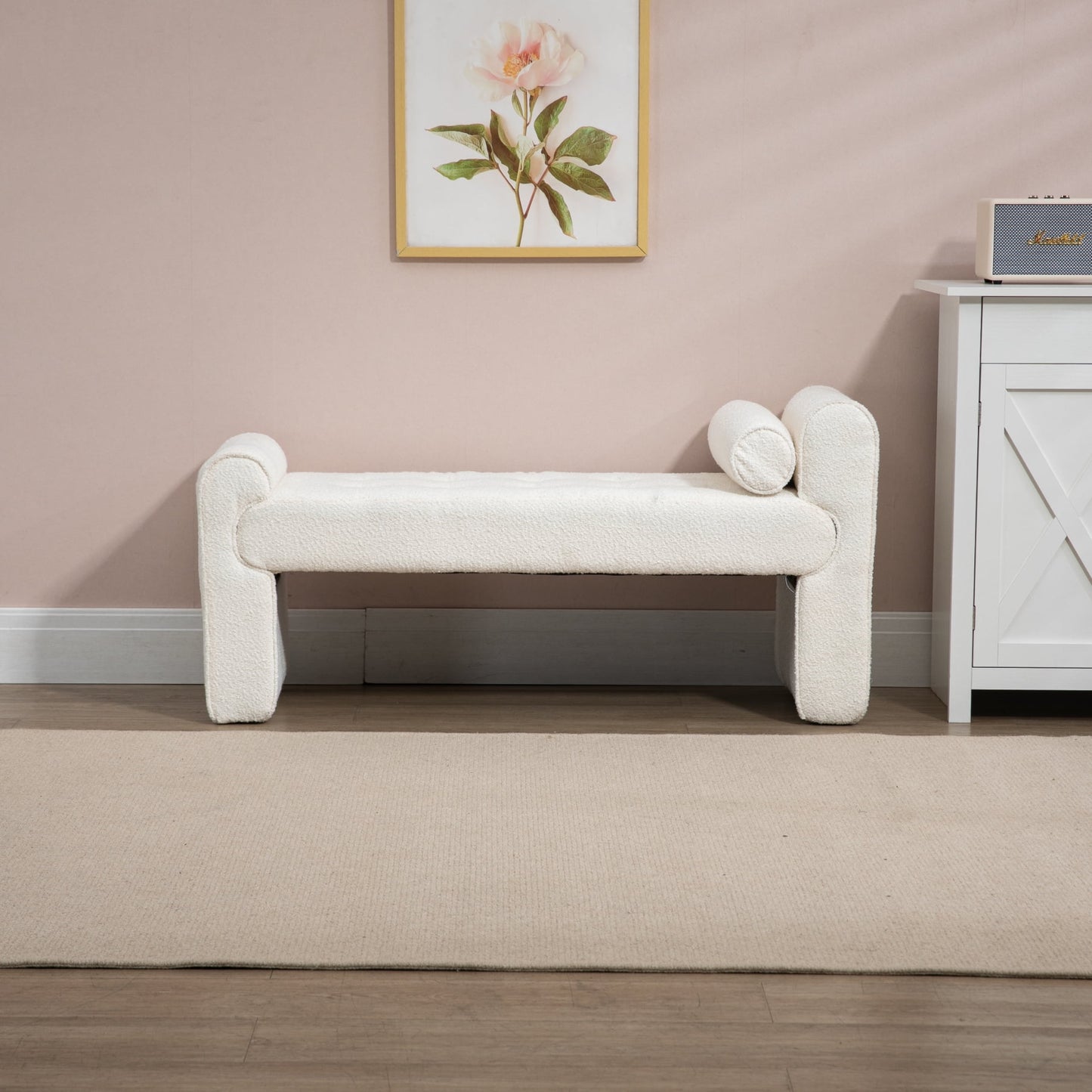 Modern Boucle Upholstered Ottoman Bench with Wooden Frame, 49-Inch Bedroom Bench for End of Bed, Footrest Couch for Living Room, Dorm, Apartment, Hallway, Entryway, Beige