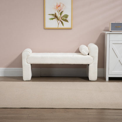 Modern Boucle Upholstered Ottoman Bench with Wooden Frame, 49-Inch Bedroom Bench for End of Bed, Footrest Couch for Living Room, Dorm, Apartment, Hallway, Entryway, Beige