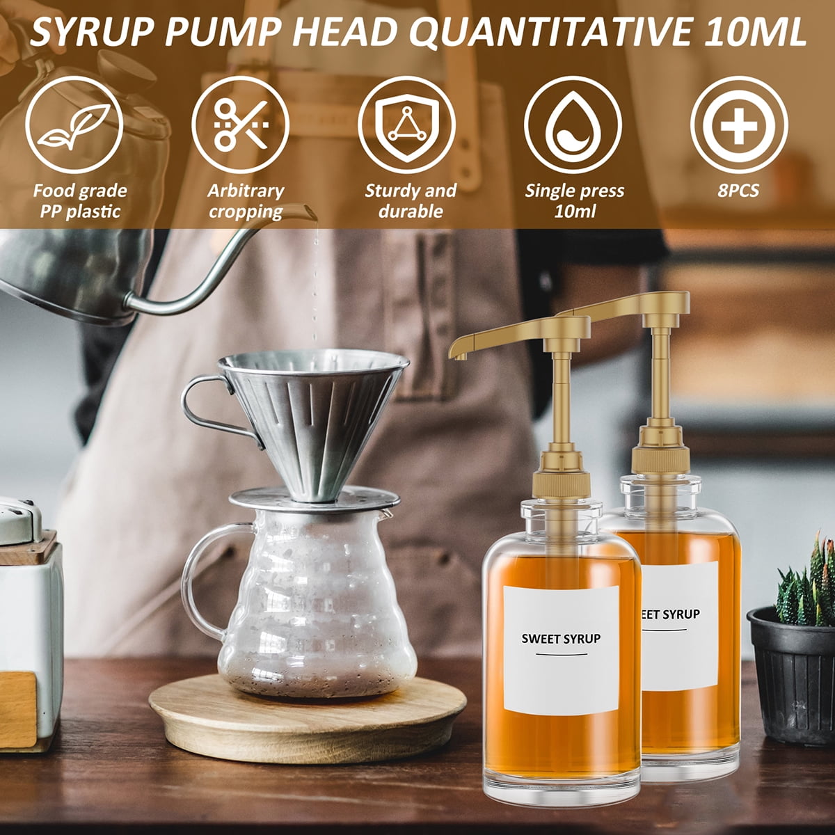 Dznils 8 Pack Coffee Syrup Pump Dispenser for 750ml Bottles, Gold