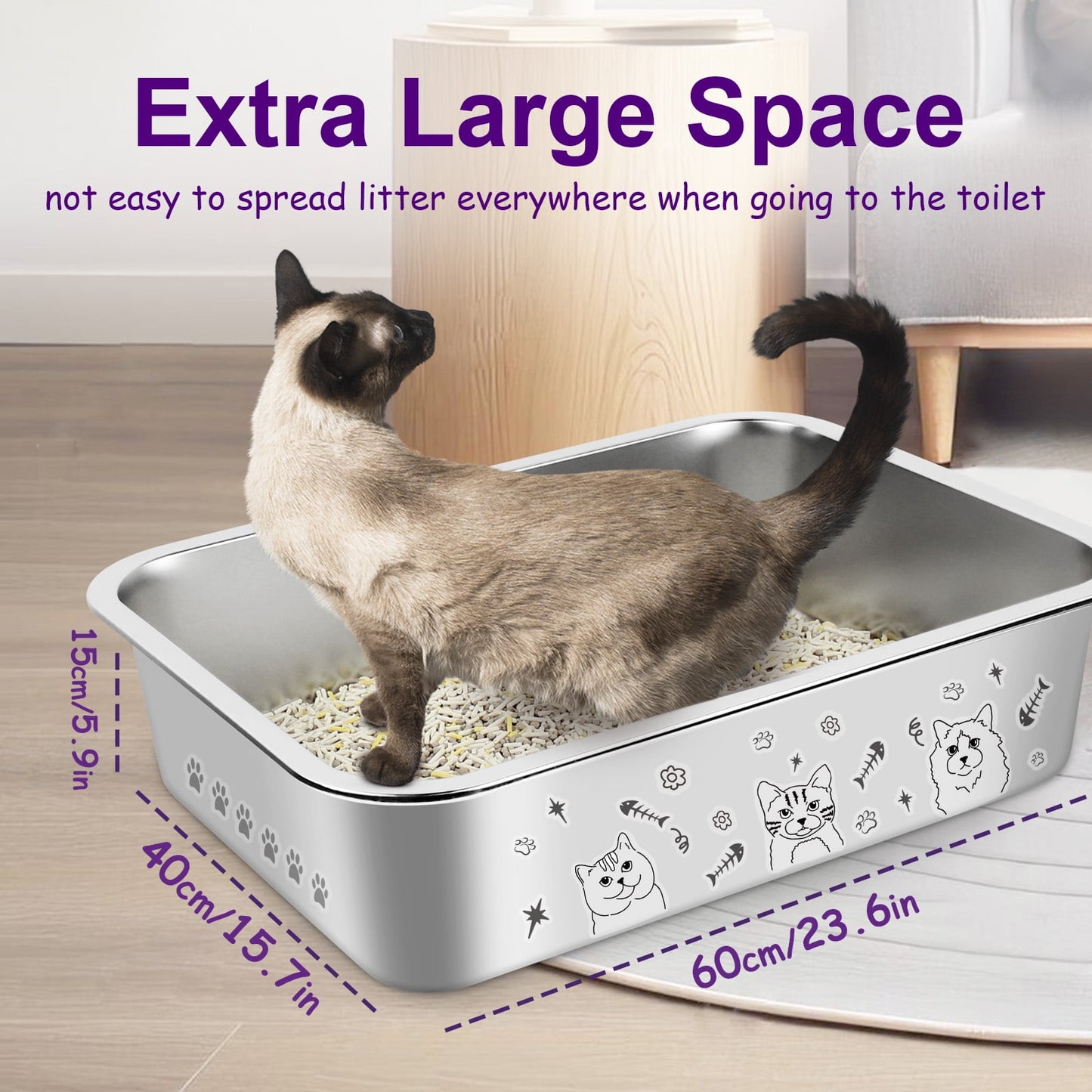 Ptlom Stainless Steel Litter Box with Stickers DIY Large Cat Litter Box Open Top Metal Litter Box