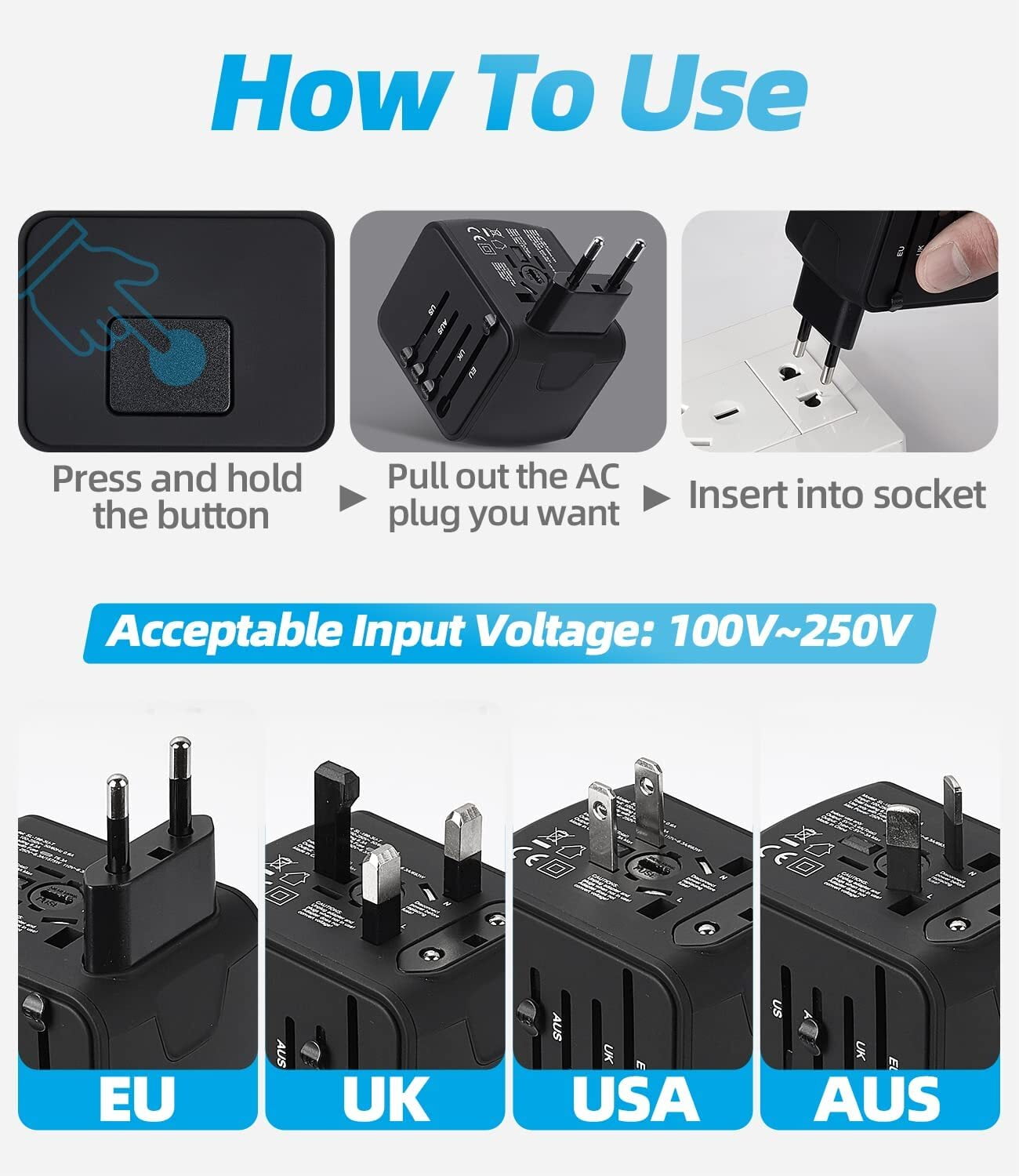 Universal Travel Adapter, Meromore European Travel Plug Adapter with Type C, Black