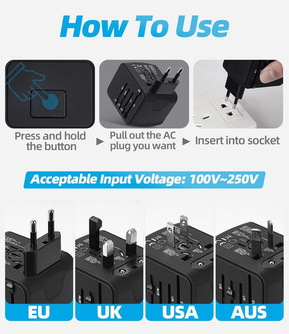 Universal Travel Adapter, Meromore European Travel Plug Adapter with Type C, Black