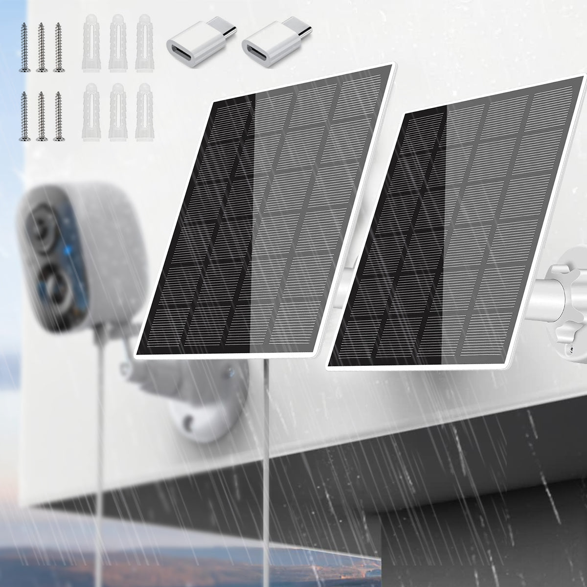 OKYMOTOR 2pcs Solar Panel for Security Camera 5W USB Solar Panel Micro USB & USB-C Port Solar Panel IP65 Waterproof Solar Charger for Camera with 360°Adjustable Mounting