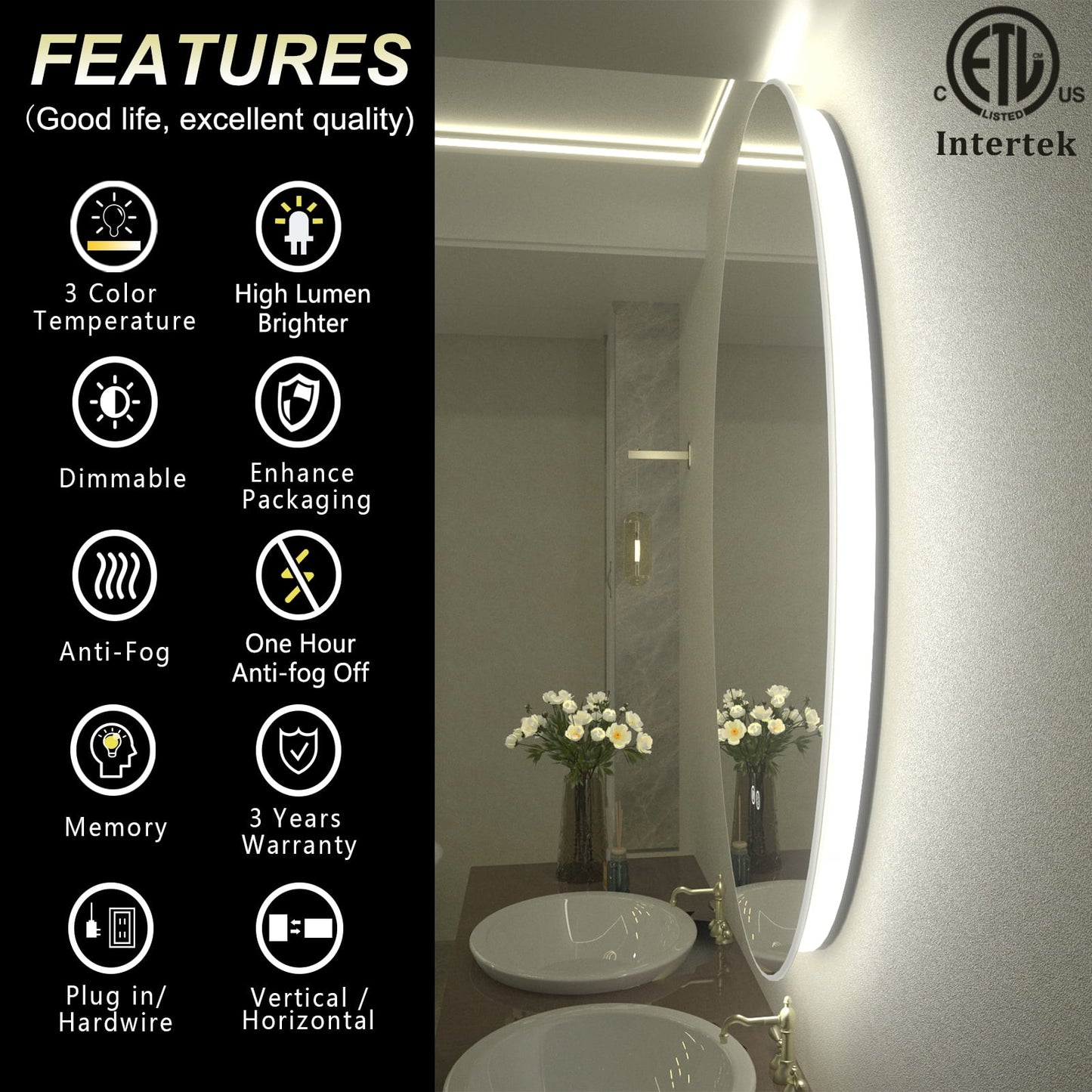 Round Frameless Super Bright LED Backlited Anti-Fog Wall Bathroom Vanity Mirror 24x24