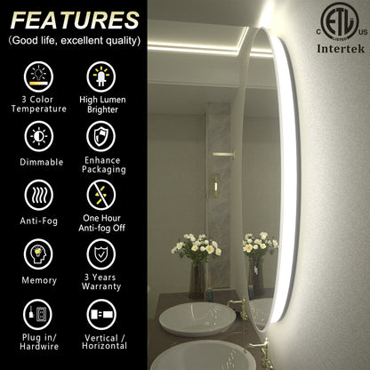Round Frameless Super Bright LED Backlited Anti-Fog Wall Bathroom Vanity Mirror 24x24