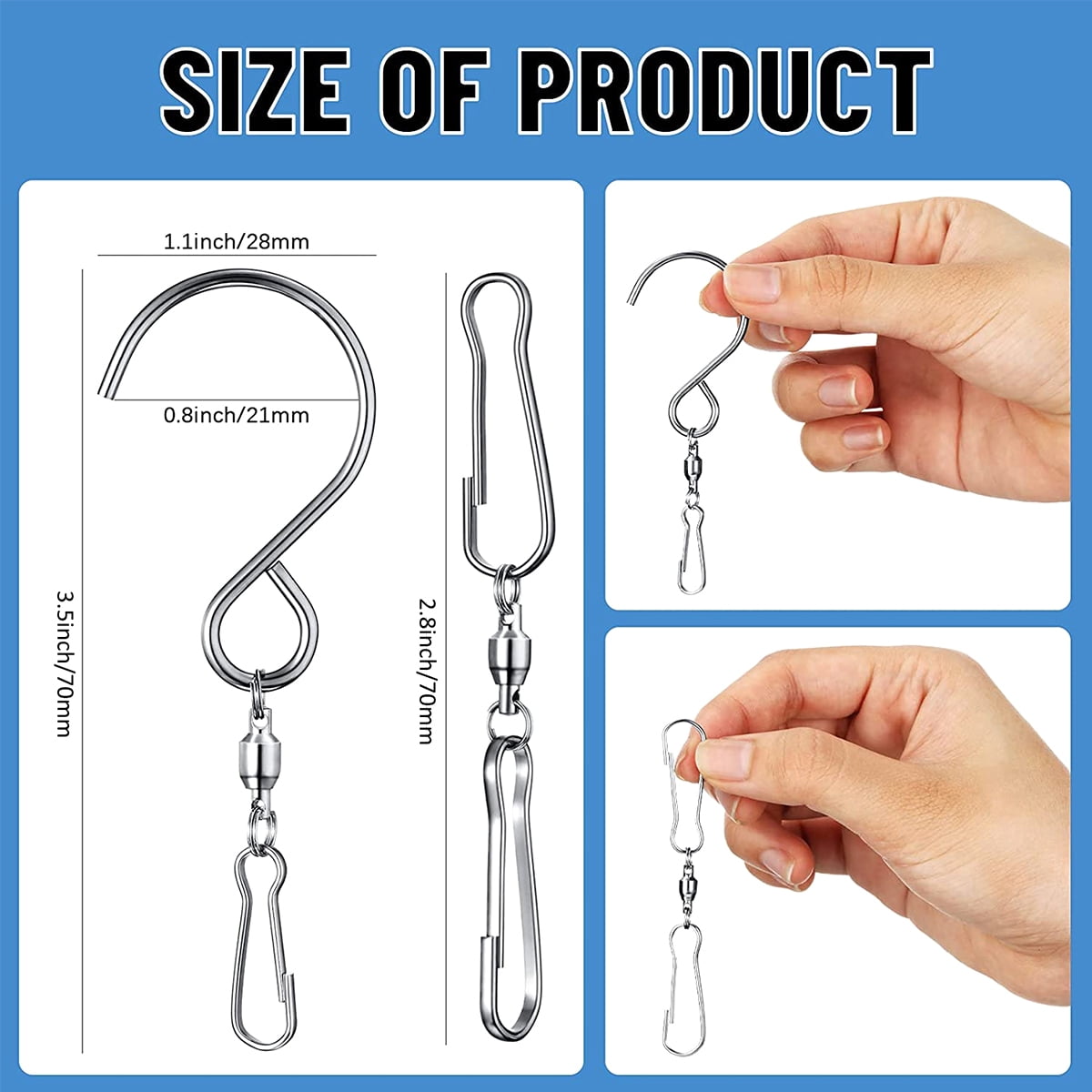 Jetcloudlive 20Pcs Wind Spinner Swivel Hook Stainless Steel 360 Degree Rotating Wind Chime Hanger 2 Styles Windsock Hanging Swivel Hook Clip for Wind Bell Bird Feeder String Lamp