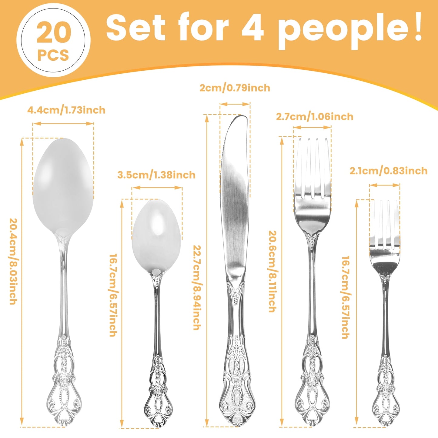 20 Pcs Retro Royal Silverware Set for 4,Gorgeous Silver Flatware Set with Steak Knives,Premium Stainless Steel Vintage Cutlery Set with Forks Spoons and Knives,Dishwasher Safe