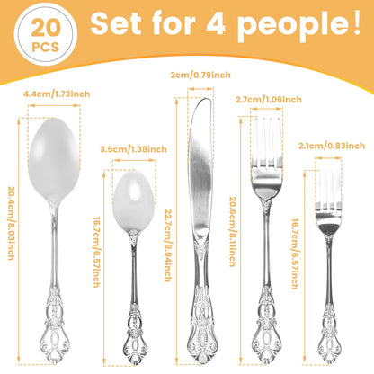20 Pcs Retro Royal Silverware Set for 4,Gorgeous Silver Flatware Set with Steak Knives,Premium Stainless Steel Vintage Cutlery Set with Forks Spoons and Knives,Dishwasher Safe