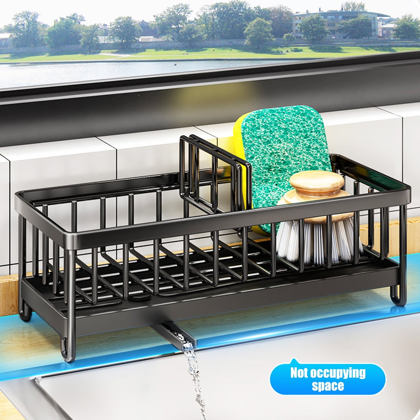 Dznils Kitchen Sink Caddy Organizer Sponge Holder Dish Brush Soap Dispenser Holder for Countertop