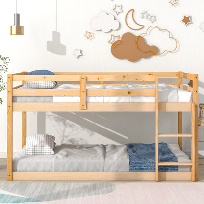 Twin over Twin Floor Bunk Bed for Kids, Wooden Low Bunk Bed Frame with Safety Guardrails and Ladder, Bedroom Furniture with Sturdy Slats Support for Boys Girls