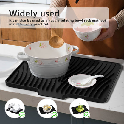Tysrjsv Silicone Dish Drying Mat with Raised Drain 16x12 inche Lip Nonslip Dish Drain Mat Heat Resistant Reusable Dish Draining Board Silicone Drying Pad for Kitchen Counter Home (Black)