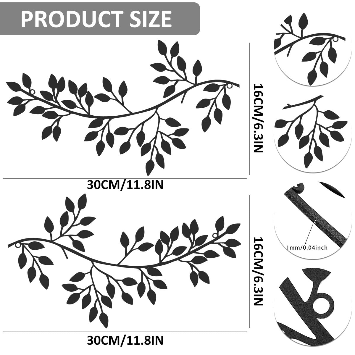Dznils 2Pcs Metal Tree Leaf Wall Art Vine Olive Branch Leaf Wall Decor Wrought Iron Scroll Sculptures, Black