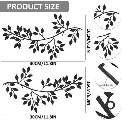 Dznils 2Pcs Metal Tree Leaf Wall Art Vine Olive Branch Leaf Wall Decor Wrought Iron Scroll Sculptures, Black