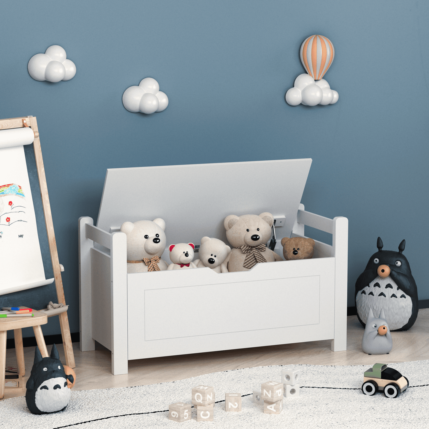 Kids Wooden Toy Chest for Girls Boys, 2 In 1 Large Toy Storage Truck Bench with Flip-Top Lid, 2 Safety Hinges & Padded Seat Cushion, Toddler Big Toy Box for Playroom & Bedroom, White