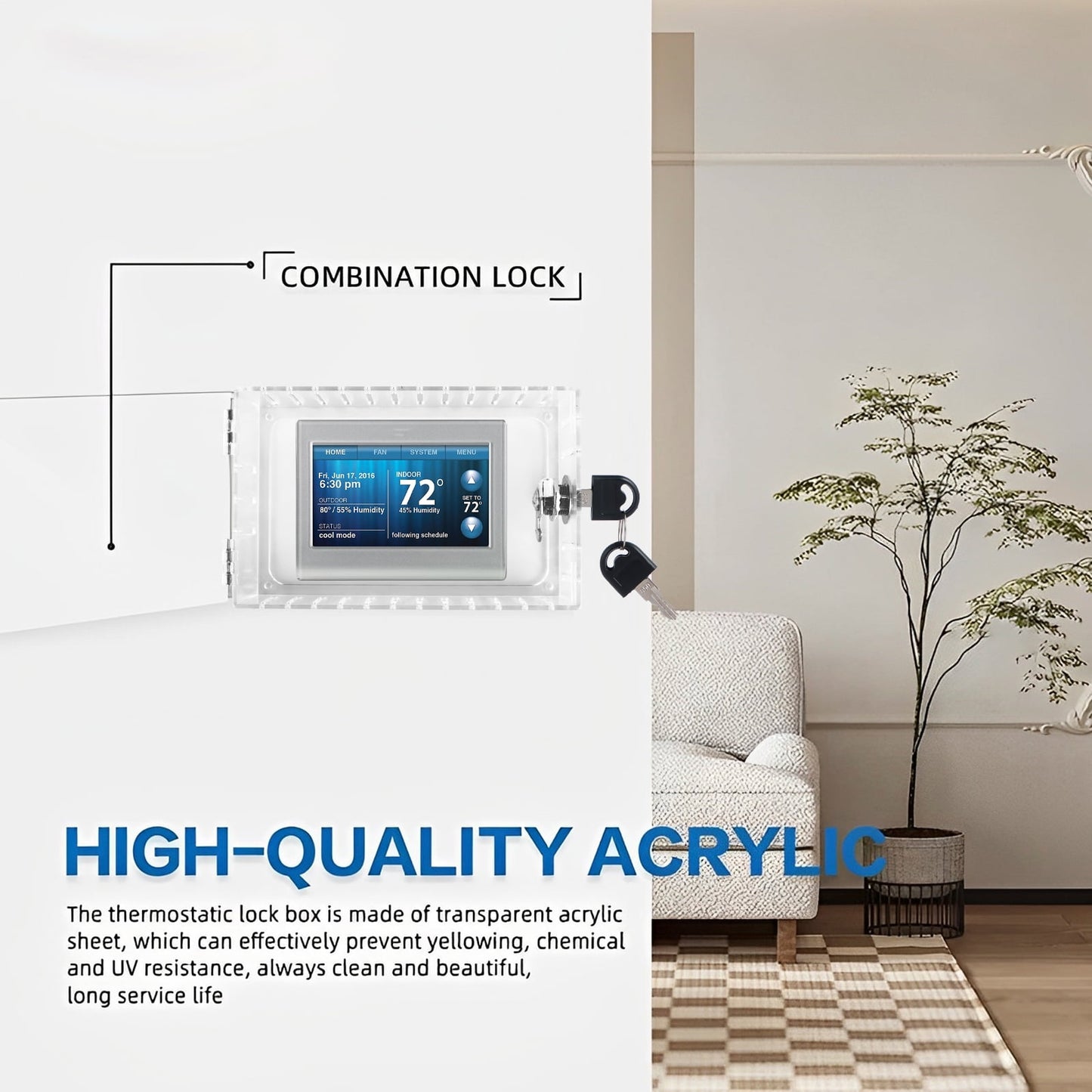 Universal Thermostat Lock Box with Key Clear Acrylic Thermostat Cover Guard with Lock Easy to Install for Home Office School Restaurant 4.7 x 7.3 x 2.2 Inches