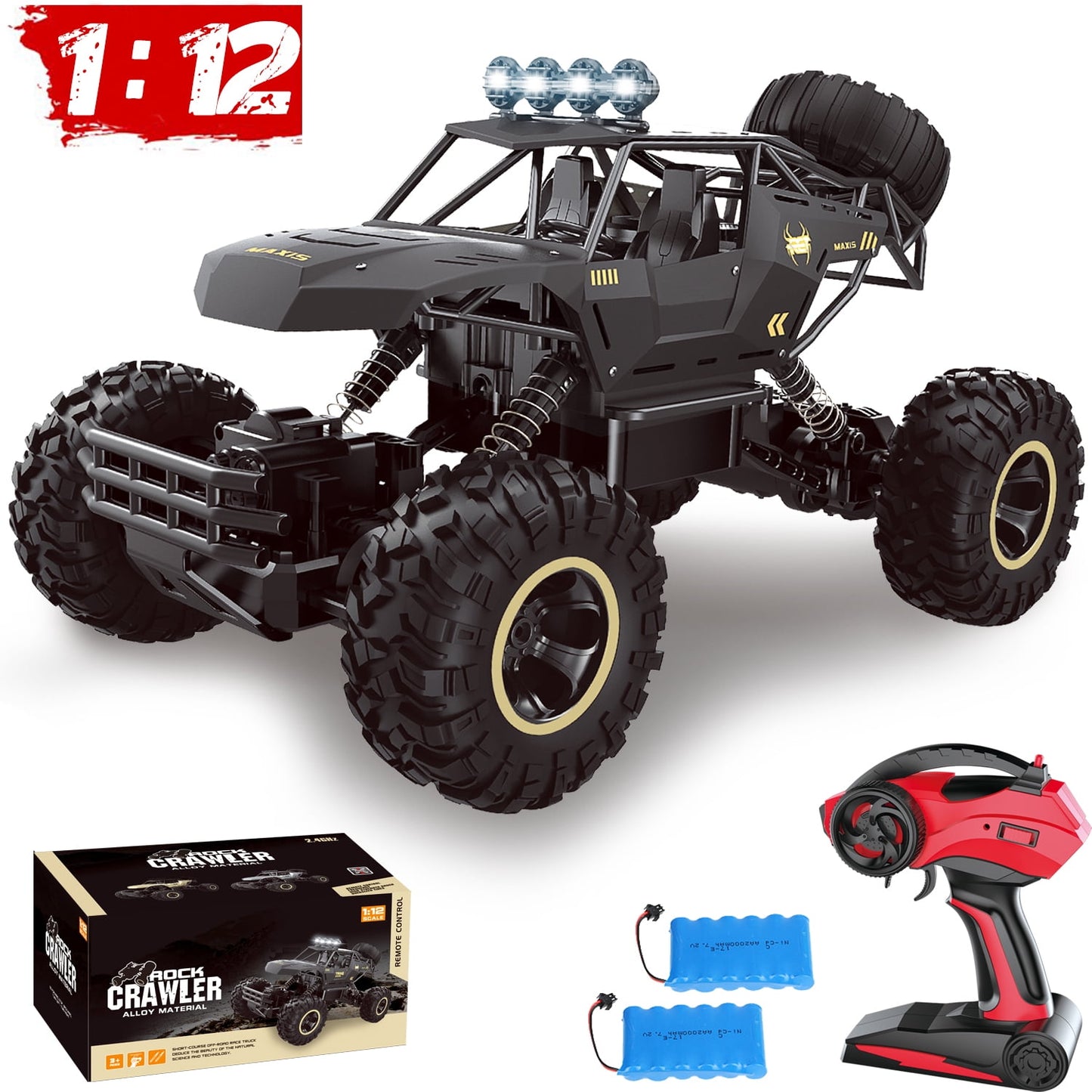 4DRC 1:12 Rc Car,off Road Truck Remote Control Car Metal Shell 2.4G 4WD Dual Motors, with 2 Batteries Black