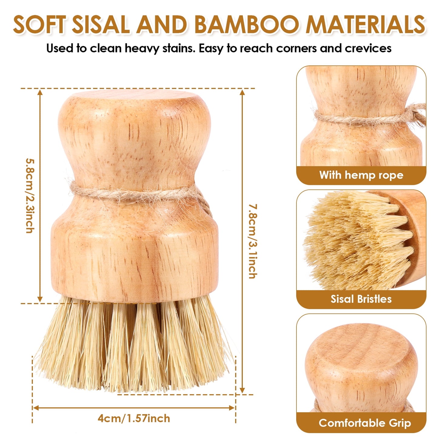Qenwkxz 3 Packs Wooden Dish Brush, Natural Bamboo Dish Scrub Brush, Sisal Bristles Dish Scrubber Brush, Kitchen Scrub Brush with Handle and Hanging Rope for Cleaning