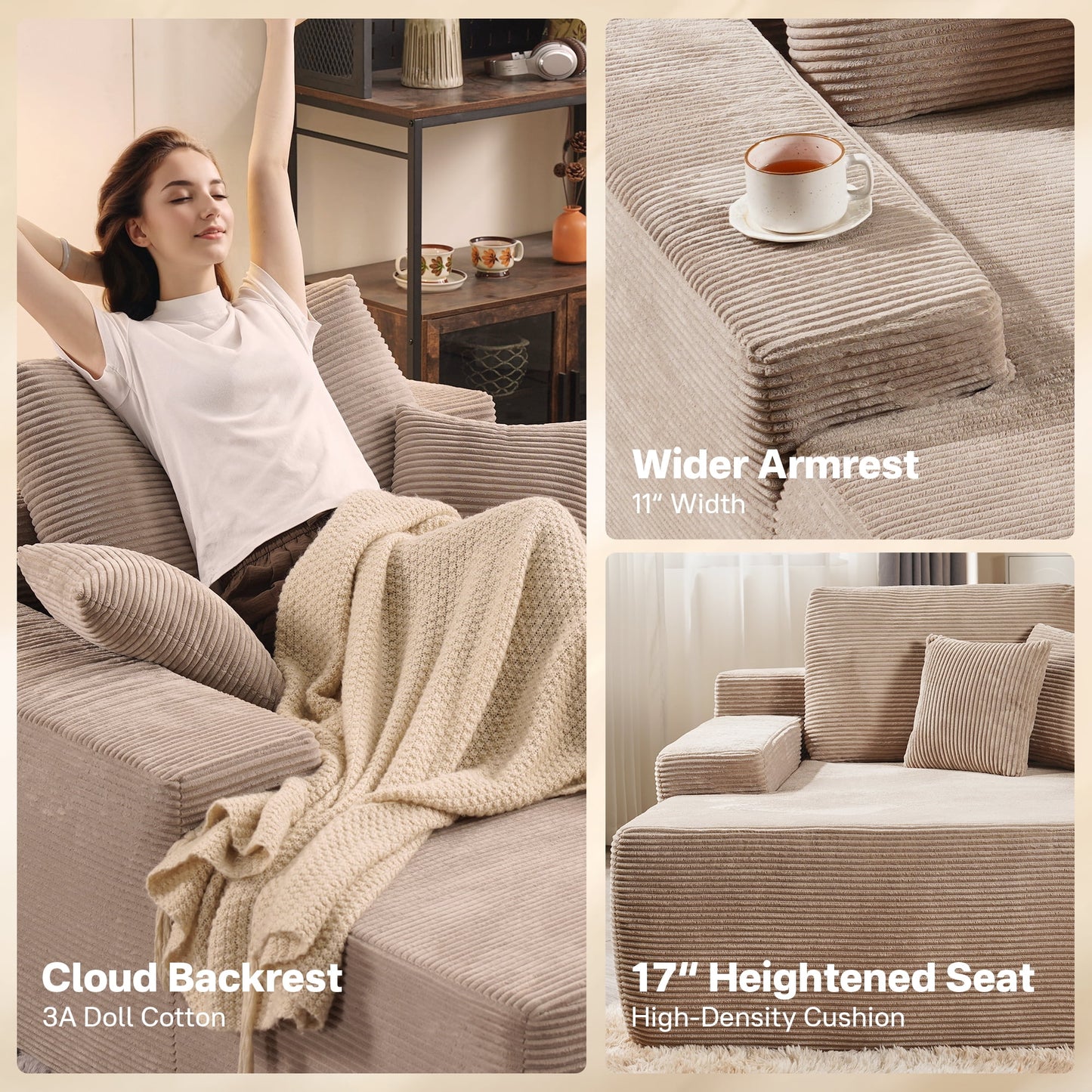 Vcatnet 81" Modular Sectional Sofa Couch Corduroy Chaise Lounge Loveseat Sofa Bed Oversized Upholstered Sleeper Sofa for Living Room and Bedroom, Camel