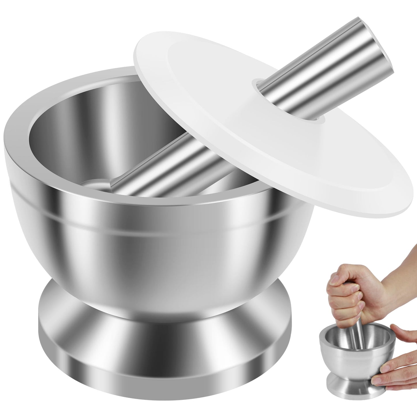 Ihvewuo Stainless Steel Mortar and Pestle Set Efficient Spice Crusher with Silicone Lid and Anti Slip Base Rustproof Pill Crusher Multifunctional Kitchen Manual Masher for Grinding Herbs Seasonings