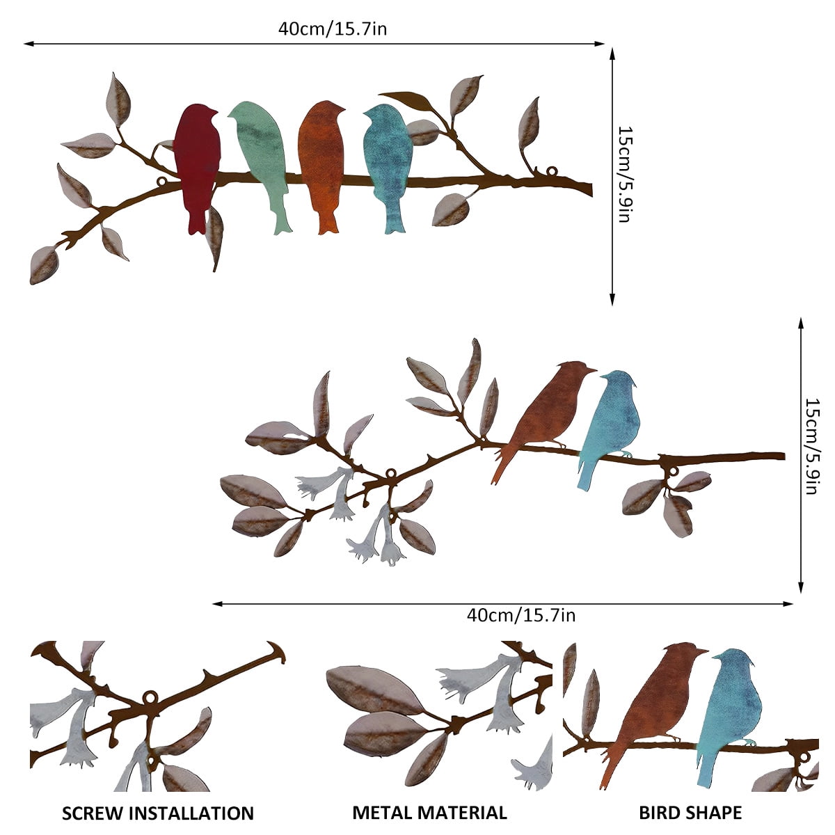 Qenwkxz 2PCS Metal Birds Wall Art Vivid Birds on Branch Metal Birds Wall Decor Hanging Leaves with Birds Outdoor Wall Decor Rustic Bird Decor Leaf Wall Decor or Balcony Garden Indoor Outdoor Decor