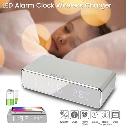 Digital Alarm Clocks For Bedrooms,LED Electric Alarm Digital Clock with Wireless Phone Charger Thermometer Desktop Digital HD Mirror Clock,Silver